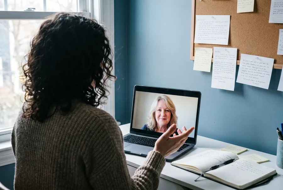 Eine Frau Ende dreißig im Einzelcoaching per Videocall mit ihrer Coachin