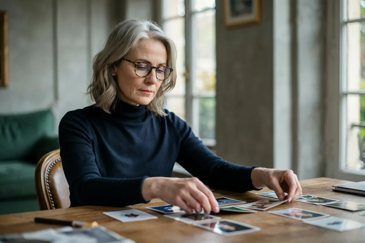 Frau mit schulterlangem grauem Haar und Brille ordnet an einem Holztisch in einem Altbauzimmer Fotokarten nebeneinander.