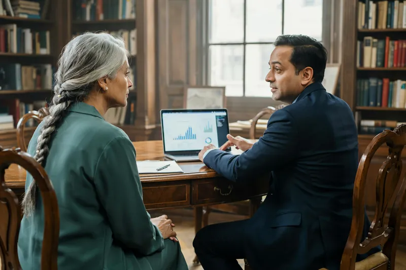 Frau mit silbernem Zopf sitzt in einer Bibliothek ihrem Finanzcoach gegenüber, der ihr am Laptop Diagramme erklärt.