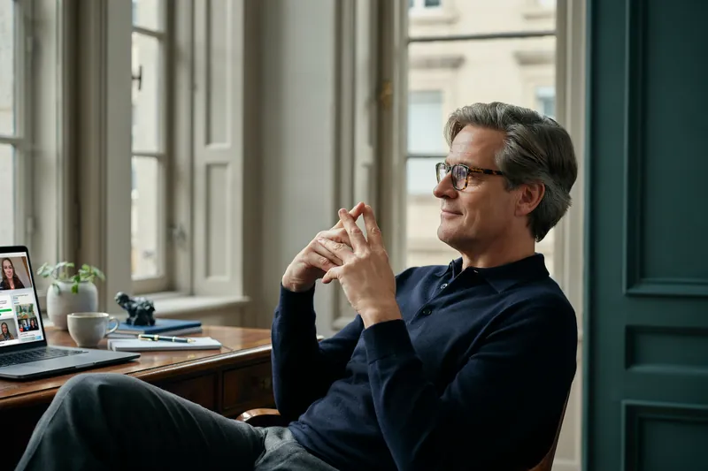 Mann mit grauem Haar und Hornbrille lehnt sich am Schreibtisch zufrieden zurück, am Laptop läuft ein Videocoaching