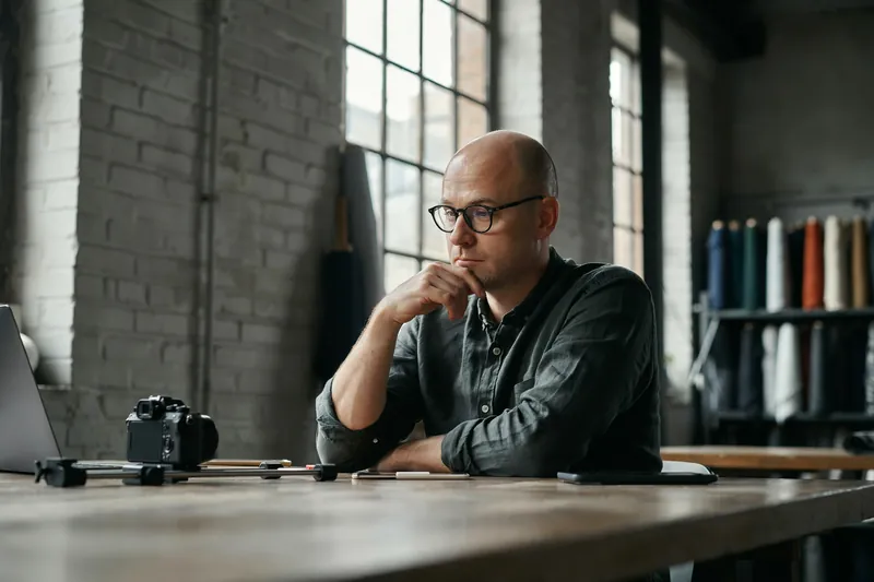 Mann mit Glatze und Brille betrachtet nachdenklich in einem Backsteinatelier seinen Film am Laptop, daneben eine Kamera.