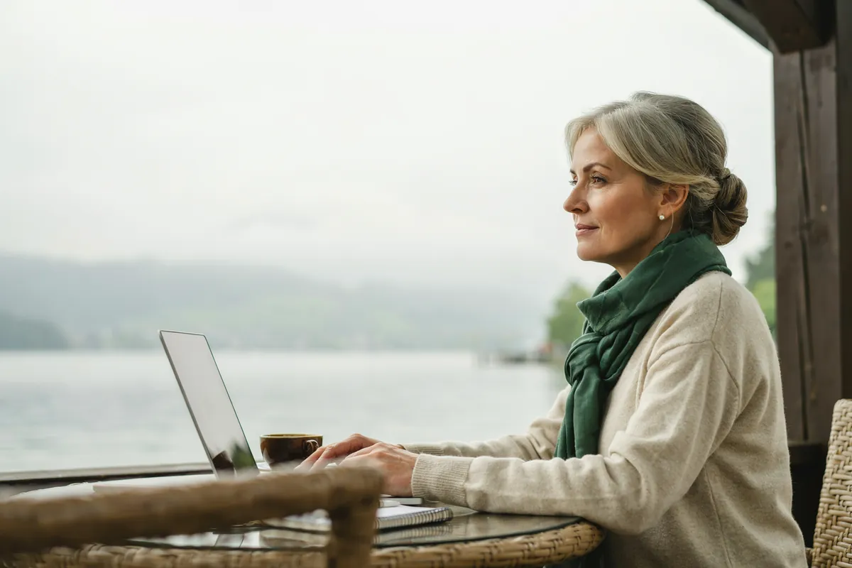 Online Marketing Manager: der Blick nach vorn Frau mit grauem Haarknoten und grünem Schal sitzt am Laptop auf einer Terrasse und blickt ruhig über einen nebligen See.