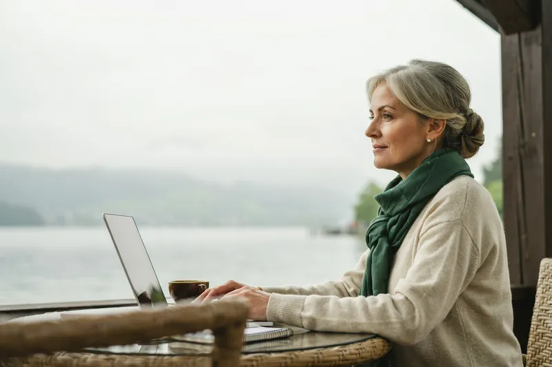 Frau mit grauem Haarknoten und grünem Schal sitzt am Laptop auf einer Terrasse und blickt ruhig über einen nebligen See.