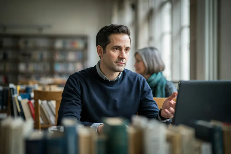 Mann mit dunklem Haar sitzt im Lesesaal einer Bibliothek am Laptop und erklärt nachdenklich etwas mit der Hand.