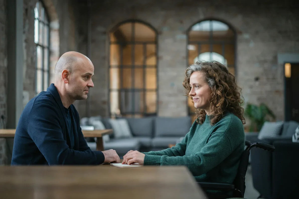Wiedereinstieg im Beruf: Coaching im Kölner Loft Frau im Rollstuhl mit lockigem Haar lächelt im Gespräch mit ihrem Coach am Holztisch in einem Loft mit Backsteinwänden