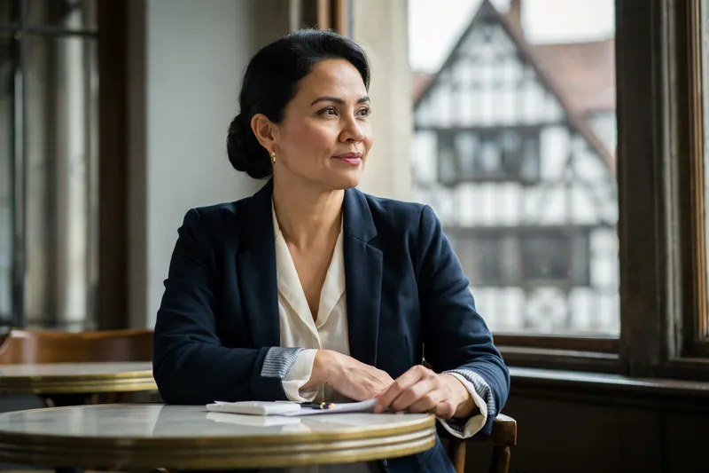 Frau mit dunklem Haarknoten und Blazer sitzt im Café am Marmortisch, vor ihr ein Brief, draußen ein Fachwerkhaus.