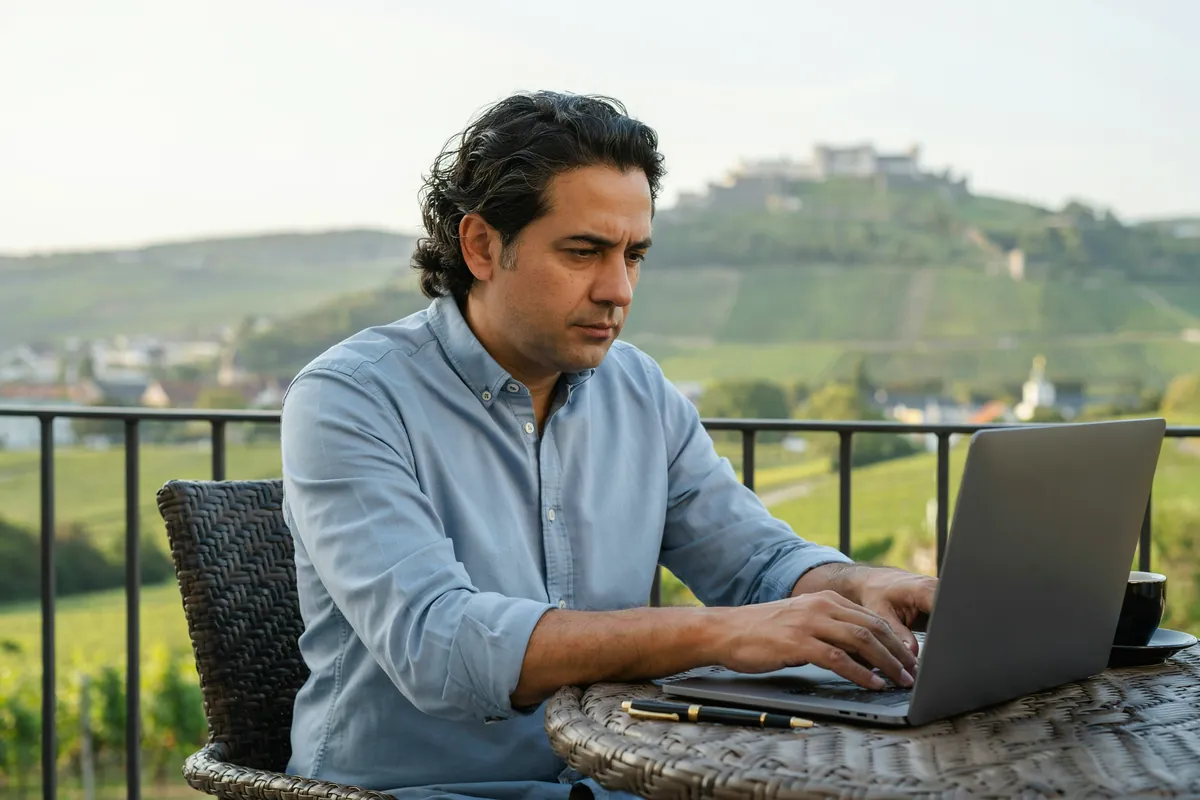 Freistellung nach der Kündigung: Zeit für Weiterbildung Mann im hellblauen Hemd arbeitet am Laptop auf einem Balkon, im Hintergrund Weinberge und eine Festung auf dem Hügel.
